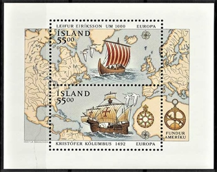 FRIMÆRKER ISLAND | 1992 - AFA 757 - Europamærker, Columbus - Miniark 55,00 + 55,00 kr. flerfarvet - Postfrisk